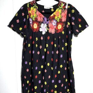 VTG Loungees Mumu Kaftan Patio House Dress Black Floral Nightgown Loungewear L